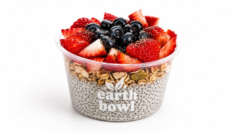 Chia pudding bowl with berries and granola
