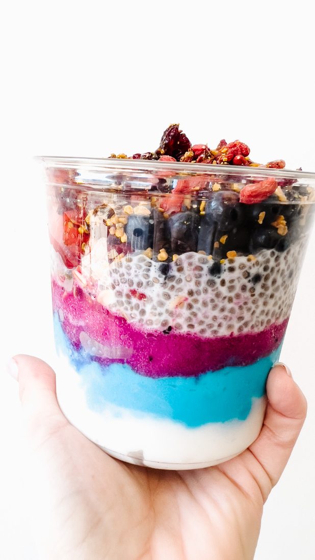 Layered chia and blue spirulina bowl