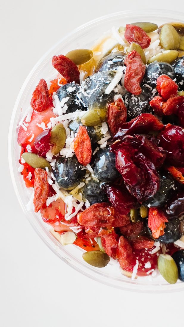 Colorful bowl with berries and seeds